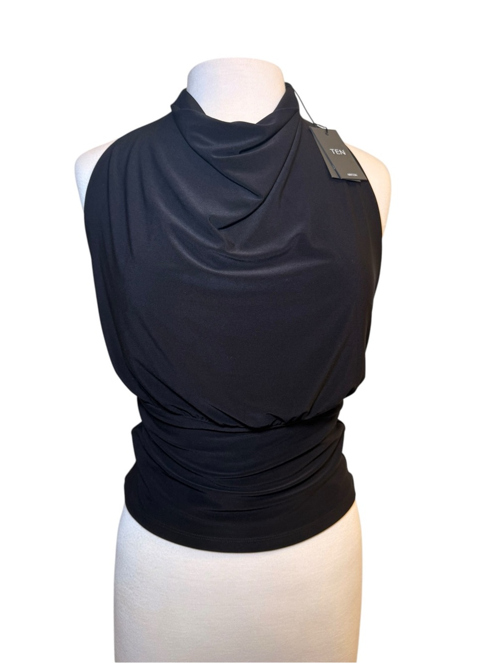 Aritzia TEN Black Cowl Neck Halter Top Open Back Draped KITY 22-01-51551